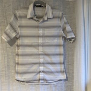 Travis Mathew White and Gray Striped Casual Shirt